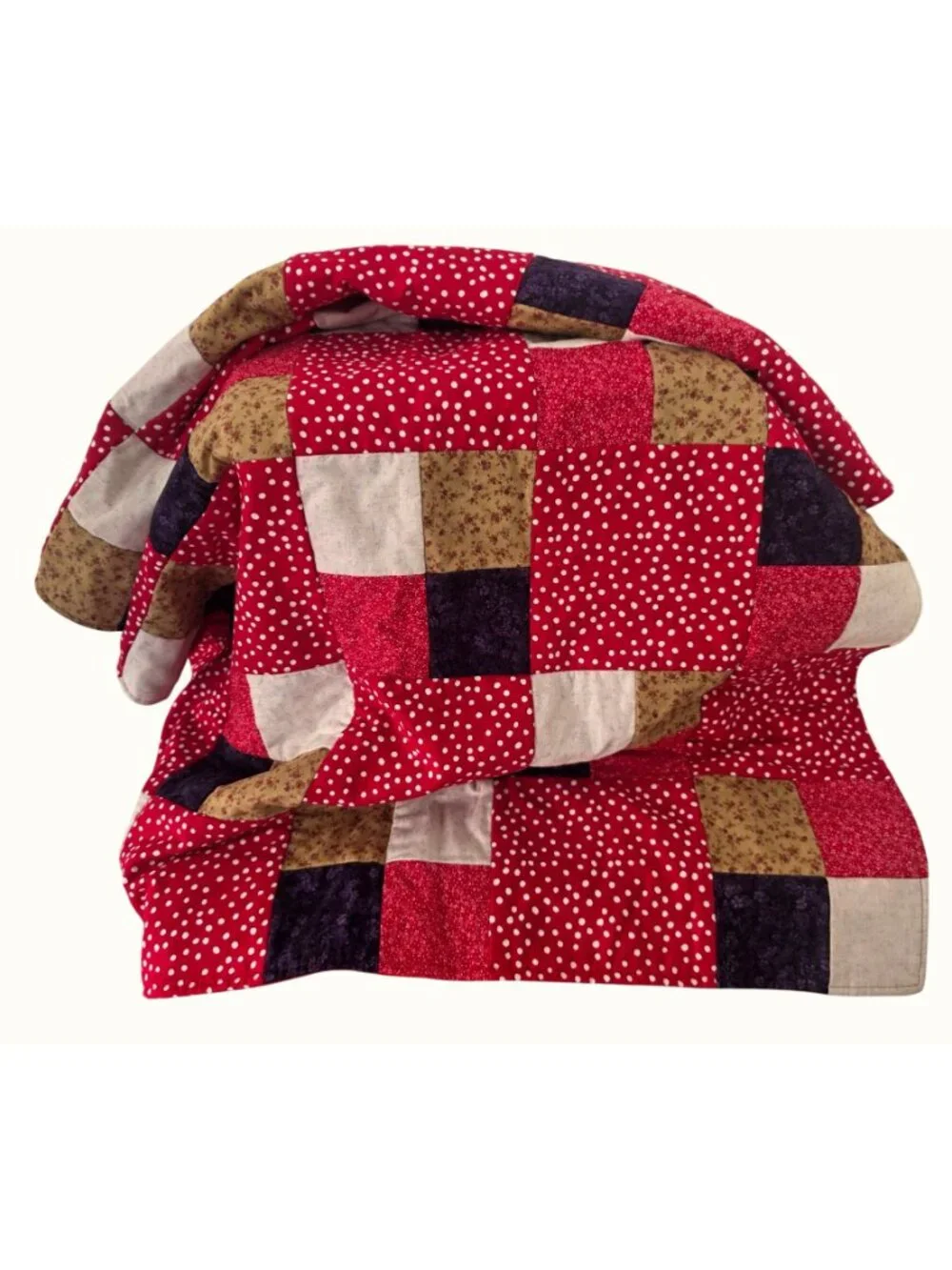 Handmade Patchwork Quilt Small Throw Red Multi Floral Polka Dot 35 x 48